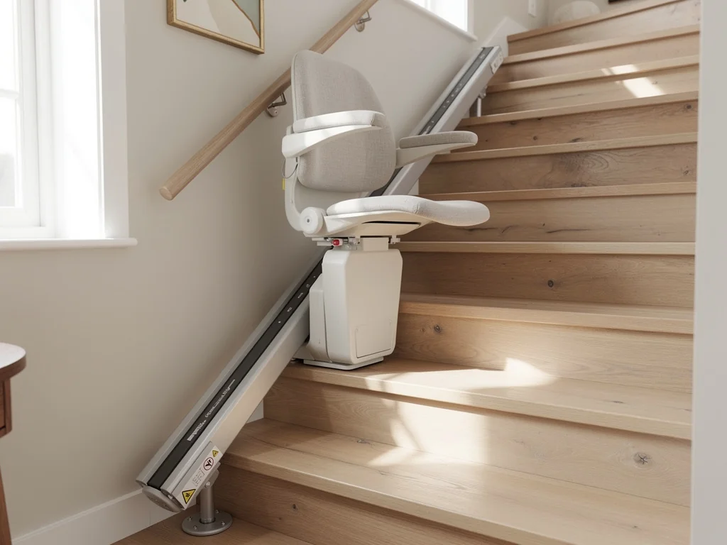 Siège de monte-escalier posé le long d'un escalier droit intérieur